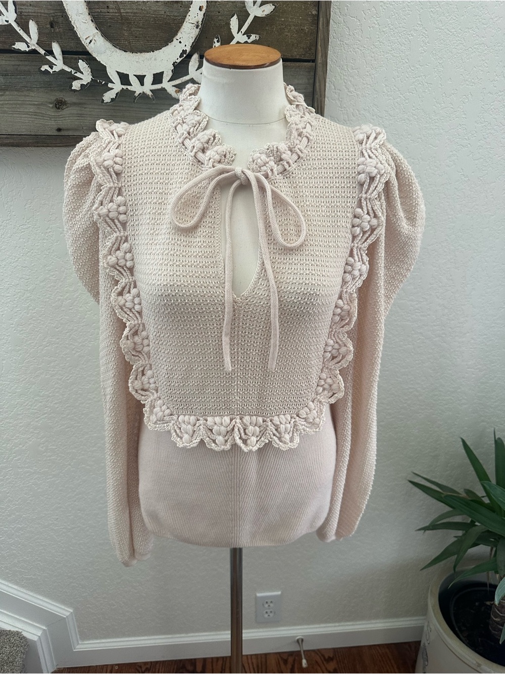 Rebecca Taylor Women's Blush Cream Crochet Bib Sweater with Tie Neck L NWT